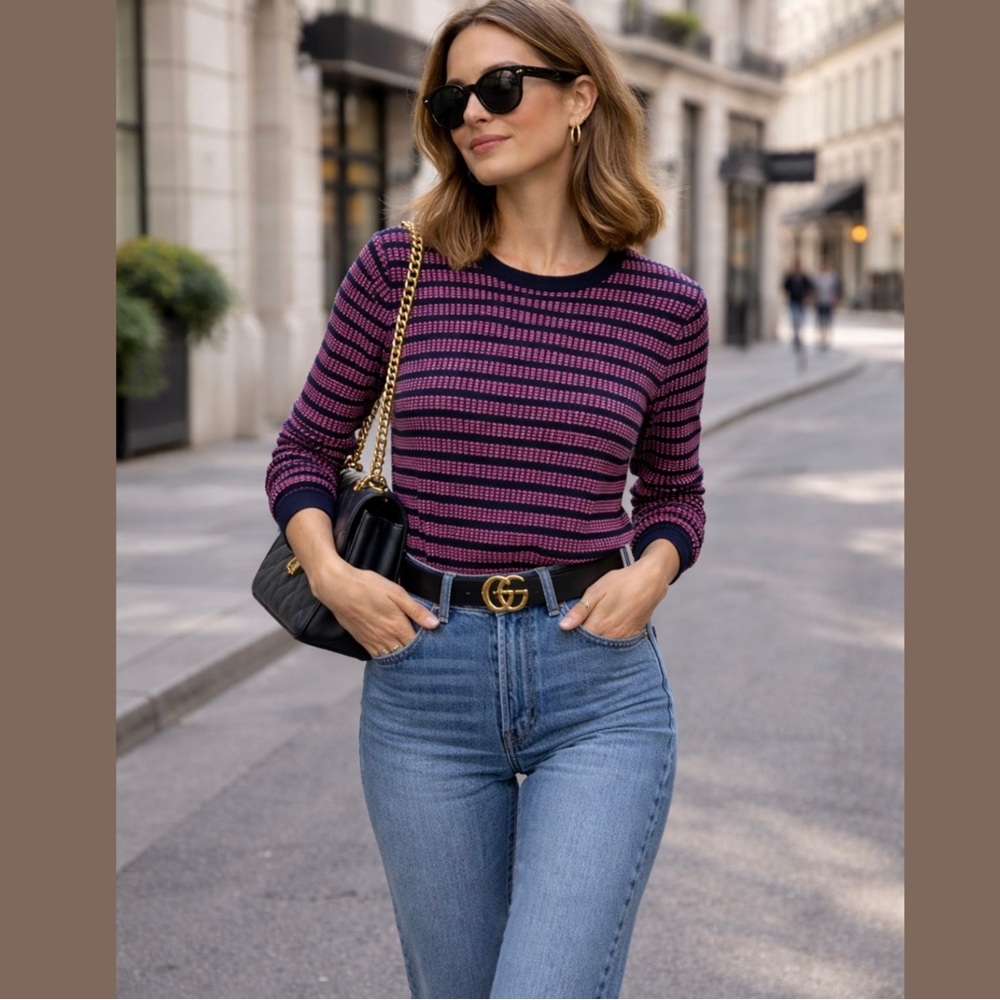J. Crew Navy and Pink Patterned Crewneck Sweater